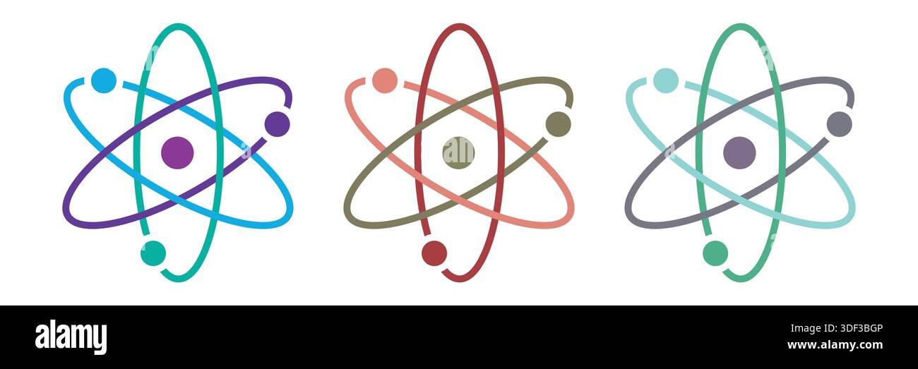Atom vector icon set with Three electrons rotate in orbits around the atomic nucleus Vector illustration Stock Vector