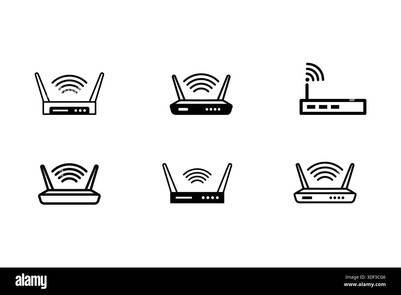 Collection of six different wireless router icons in black and white ...