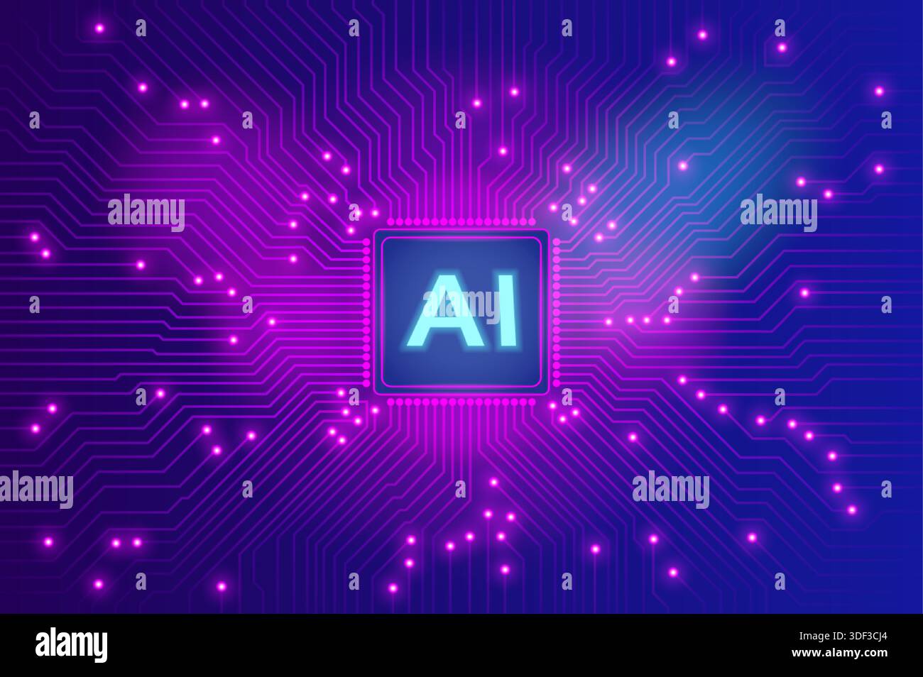 Stylized digital image of an AI microchip surrounded by radiant purple circuit lines. Stock Vector