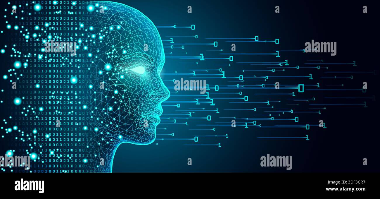 Digital head in profile formed by glowing lines and nodes, surrounded by binary code streams. Stock Vector