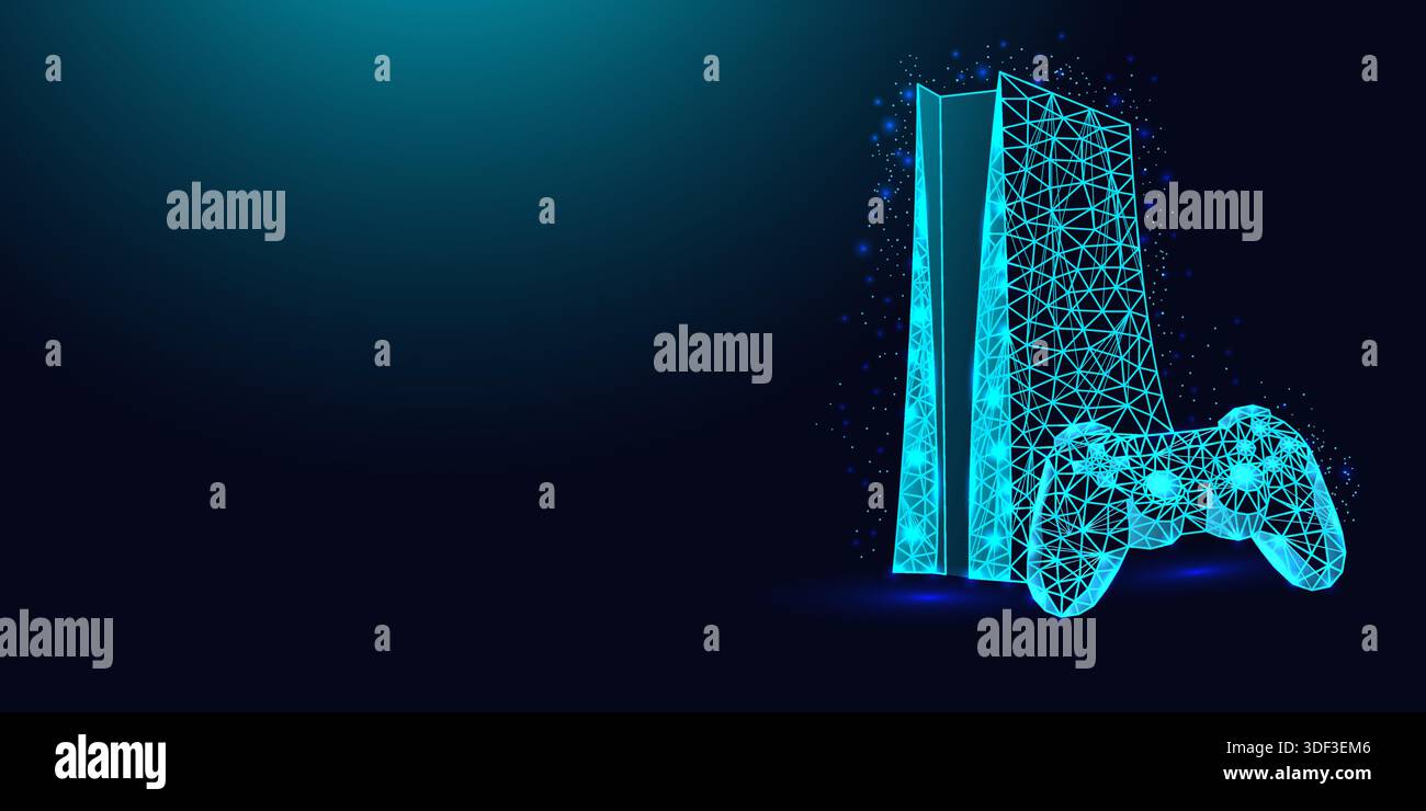 Low poly wireframe game console and controller on dark blue background. Stock Vector