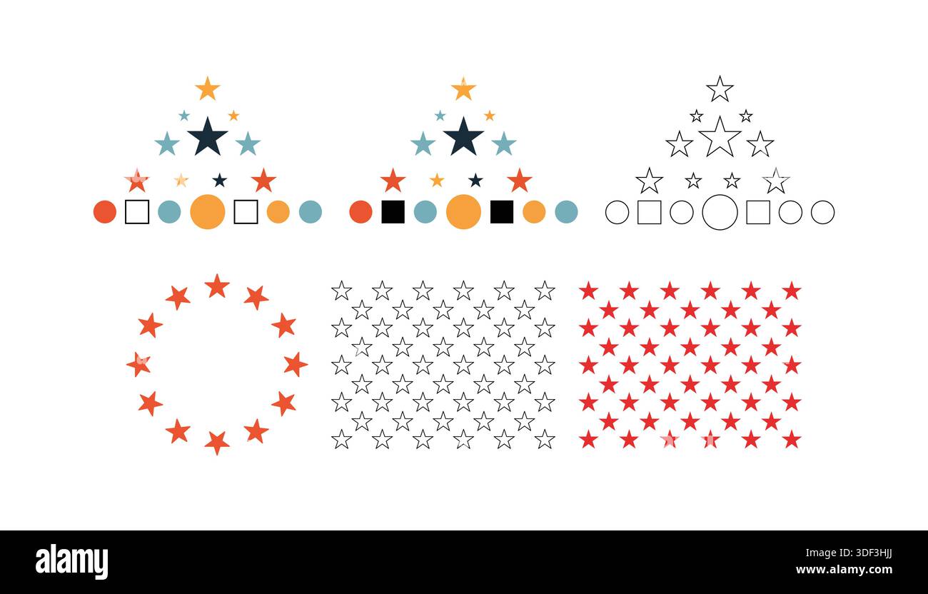 Assorted Star Patterns in Circular and Triangular Arrangements for Design and Branding. Stock Vector