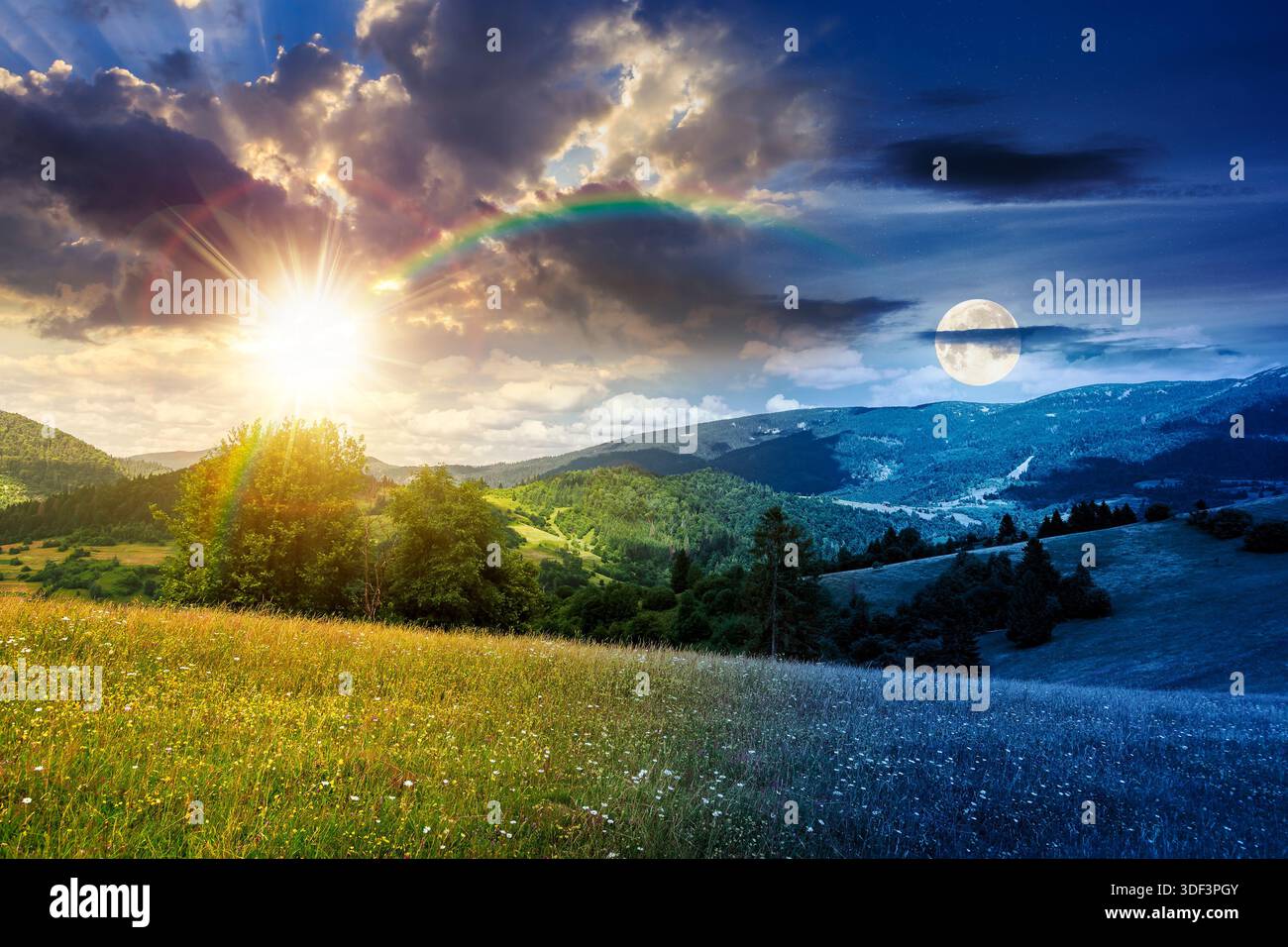 beautiful mountain landscape in summer. day and night time change concept. grassy meadow with wild herbs on rolling hills with sun and moon at twiligh Stock Photo