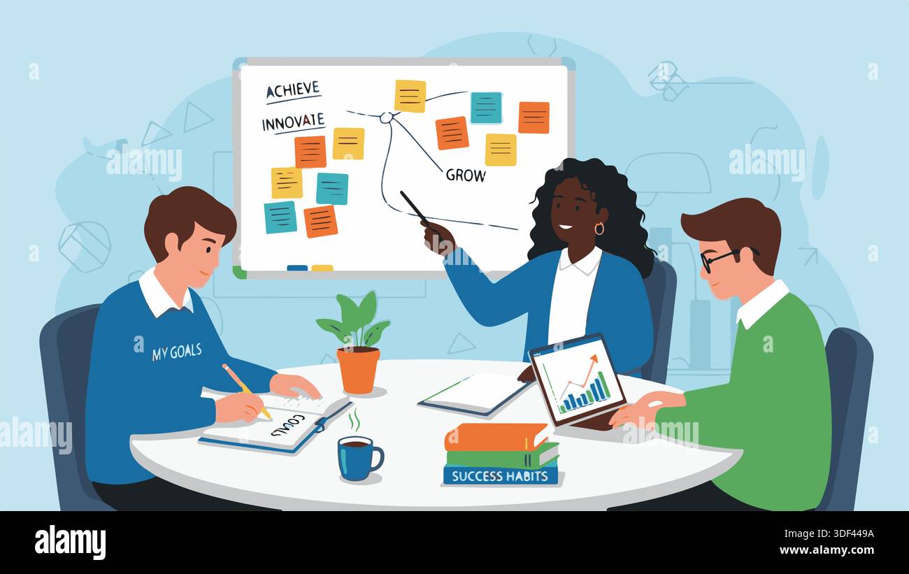 Flat vector illustration of a diverse business team brainstorming with ...