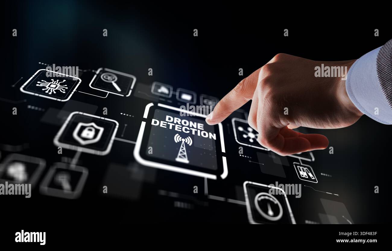 Advanced drone detection system using radar technology and aerial surveillance for security. Stock Photo