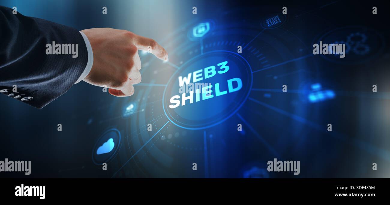 Web3 Shield, Cybersecurity, Advanced Web3 shield technology with blockchain protection protocols. Stock Photo
