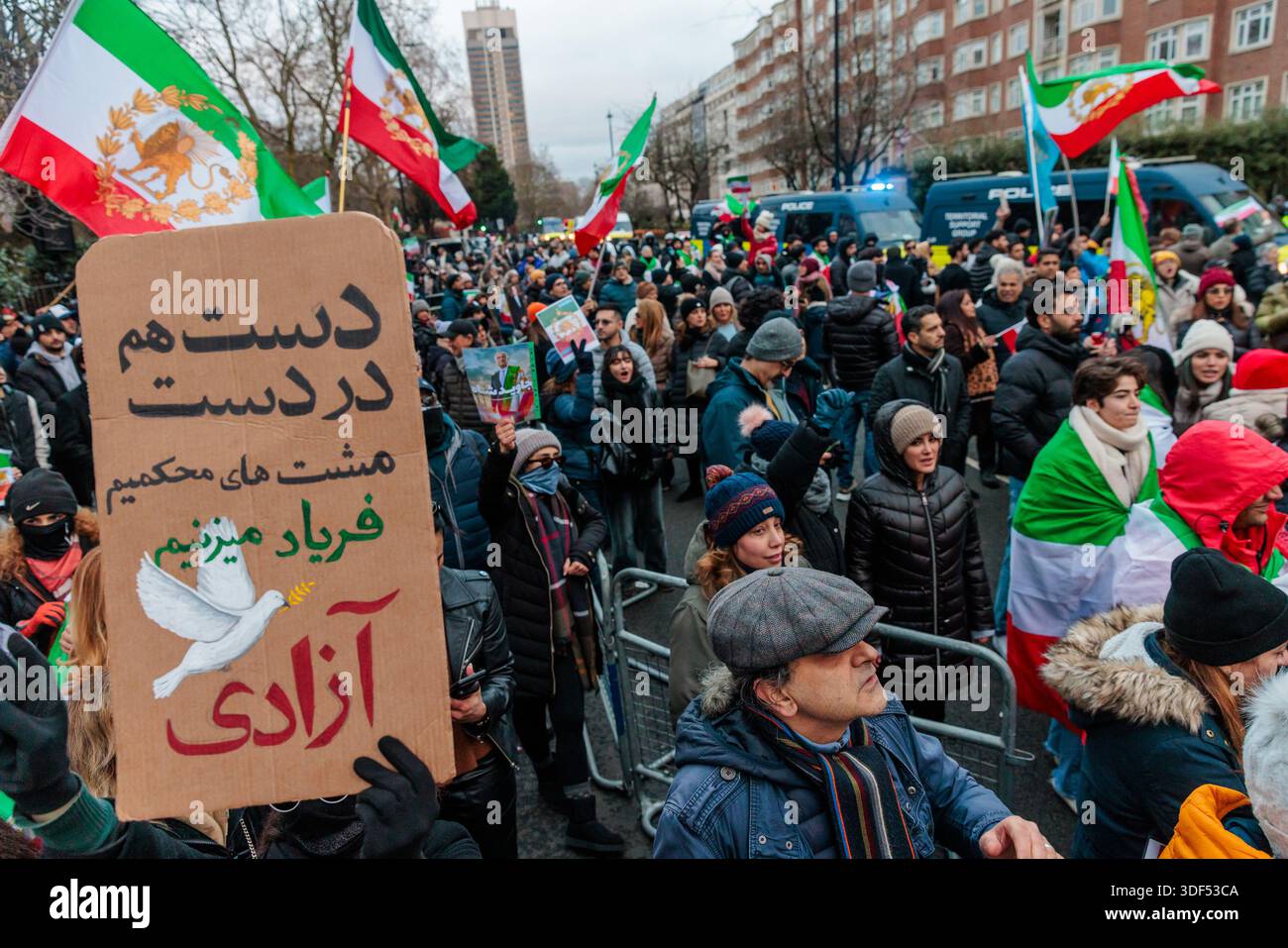 Iranian Embassy, London, UK. 10th January 2026. Members of the Iranian community filled the road opposite the Iranian Embassy in London with huge public demonstration in support of the protests in Iran and against the Islamic Republic and Ayatollah, calling for freedom from oppression and exiled Crown Prince Reza Pahlavi as their leader. Credit: Amanda Rose/Alamy Live News Stock Photo