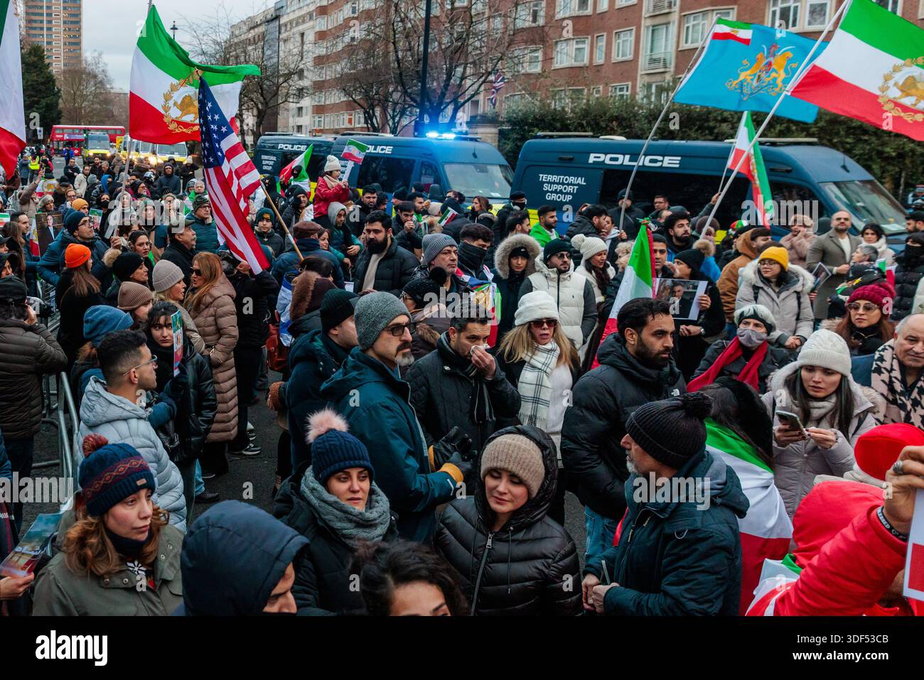 Iranian Embassy, London, UK. 10th January 2026. Members of the Iranian community filled the road opposite the Iranian Embassy in London with huge public demonstration in support of the protests in Iran and against the Islamic Republic and Ayatollah, calling for freedom from oppression and exiled Crown Prince Reza Pahlavi as their leader. Credit: Amanda Rose/Alamy Live News Stock Photo