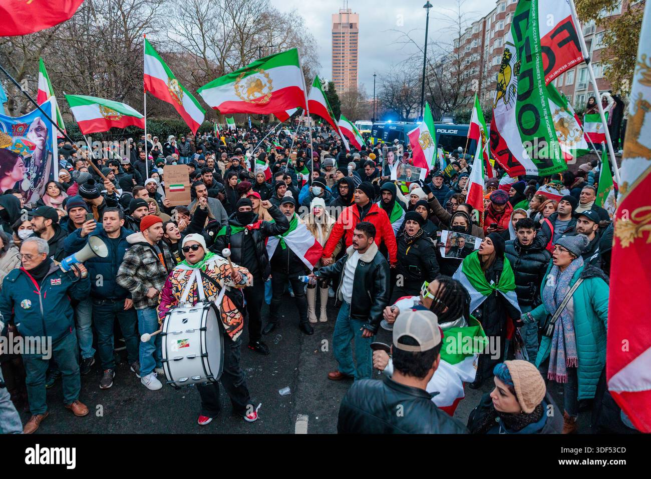 Iranian Embassy, London, UK. 10th January 2026. Members of the Iranian community filled the road opposite the Iranian Embassy in London with huge public demonstration in support of the protests in Iran and against the Islamic Republic and Ayatollah, calling for freedom from oppression and exiled Crown Prince Reza Pahlavi as their leader. Credit: Amanda Rose/Alamy Live News Stock Photo