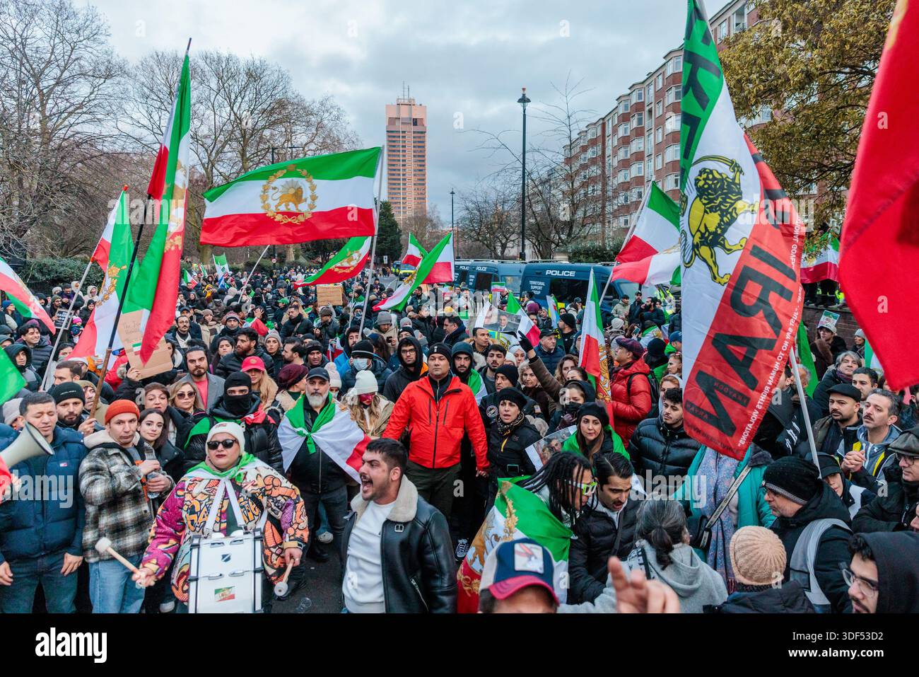Iranian Embassy, London, UK. 10th January 2026. Members of the Iranian community filled the road opposite the Iranian Embassy in London with huge public demonstration in support of the protests in Iran and against the Islamic Republic and Ayatollah, calling for freedom from oppression and exiled Crown Prince Reza Pahlavi as their leader. Credit: Amanda Rose/Alamy Live News Stock Photo