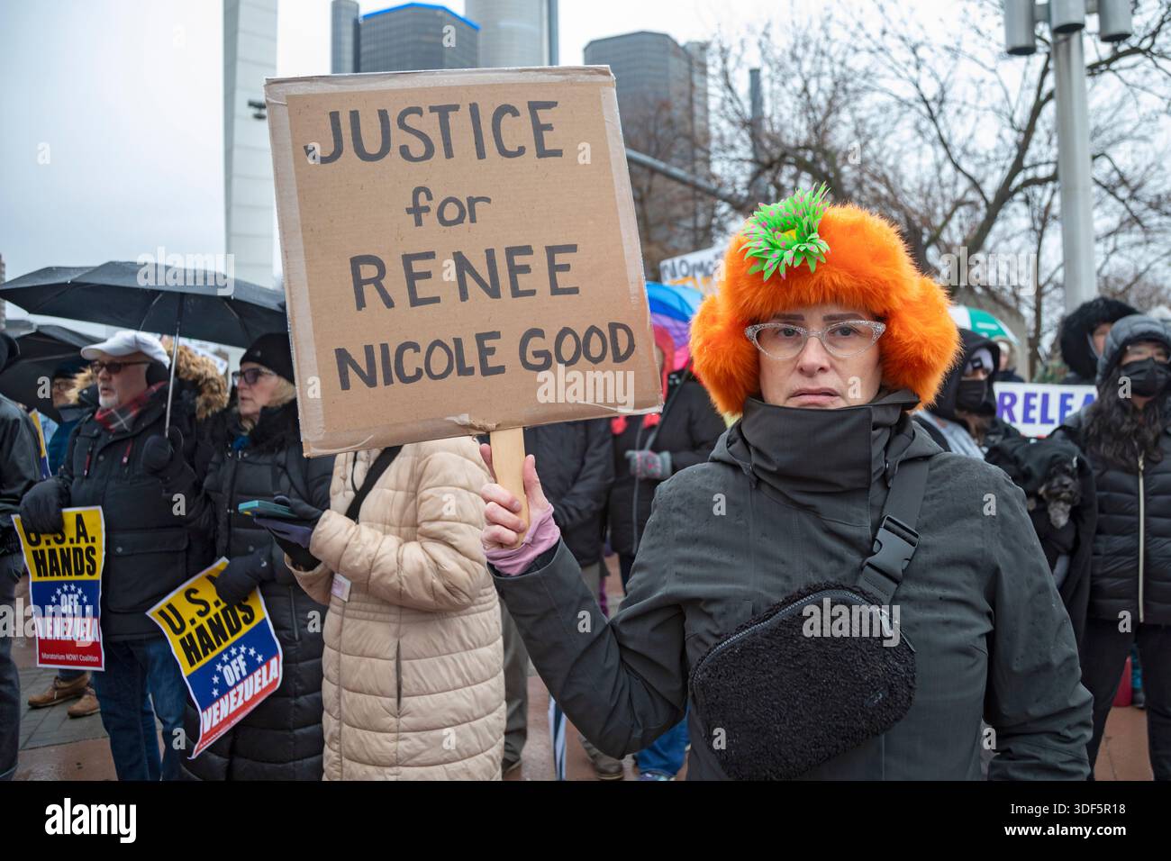 Detroit, Michigan, USA. 10th Jan, 2026. Activists rally to protest the killing of Renee Nichole Good in Minneapolis by a federal immigration agent. Credit: Jim West/Alamy Live News Stock Photo