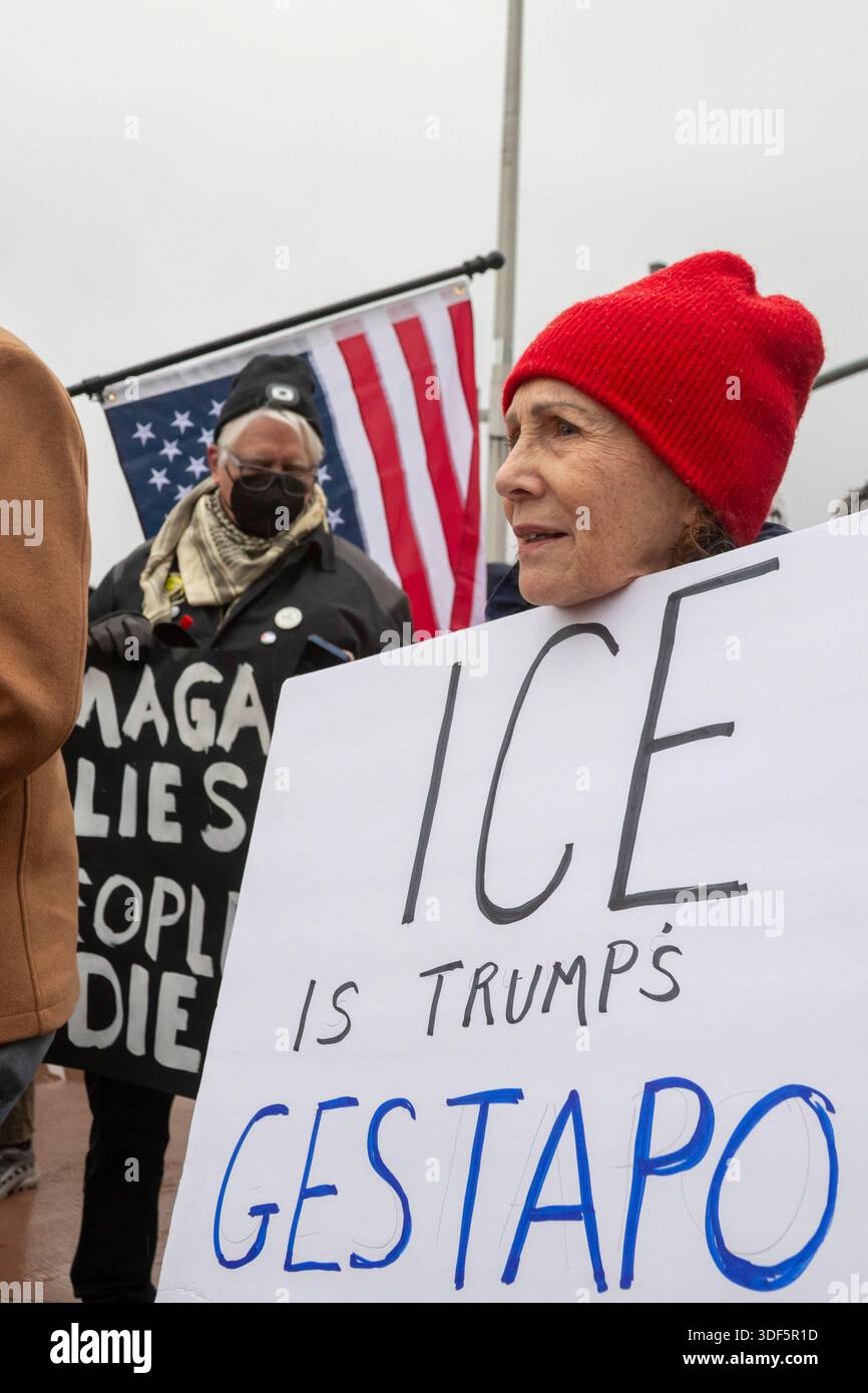 Detroit, Michigan, USA. 10th Jan, 2026. Activists rally to protest the killing of Renee Nichole Good in Minneapolis by a federal immigration agent. Credit: Jim West/Alamy Live News Stock Photo