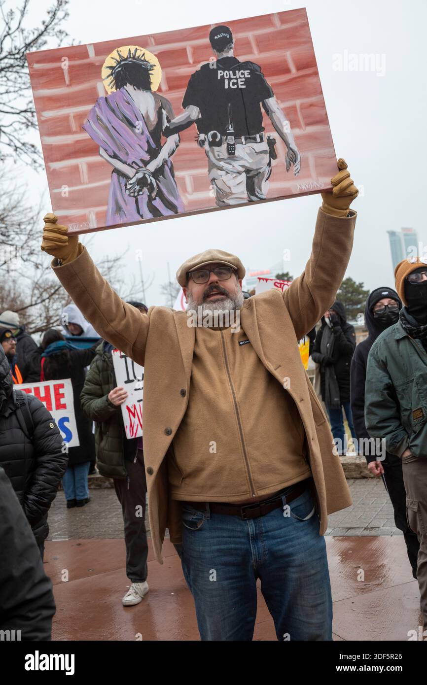 Detroit, Michigan, USA. 10th Jan, 2026. Activists rally to protest the killing of Renee Nichole Good in Minneapolis by a federal immigration agent. Credit: Jim West/Alamy Live News Stock Photo