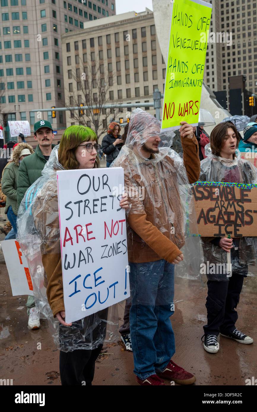 Detroit, Michigan, USA. 10th Jan, 2026. Activists rally to protest the killing of Renee Nichole Good in Minneapolis by a federal immigration agent. Credit: Jim West/Alamy Live News Stock Photo