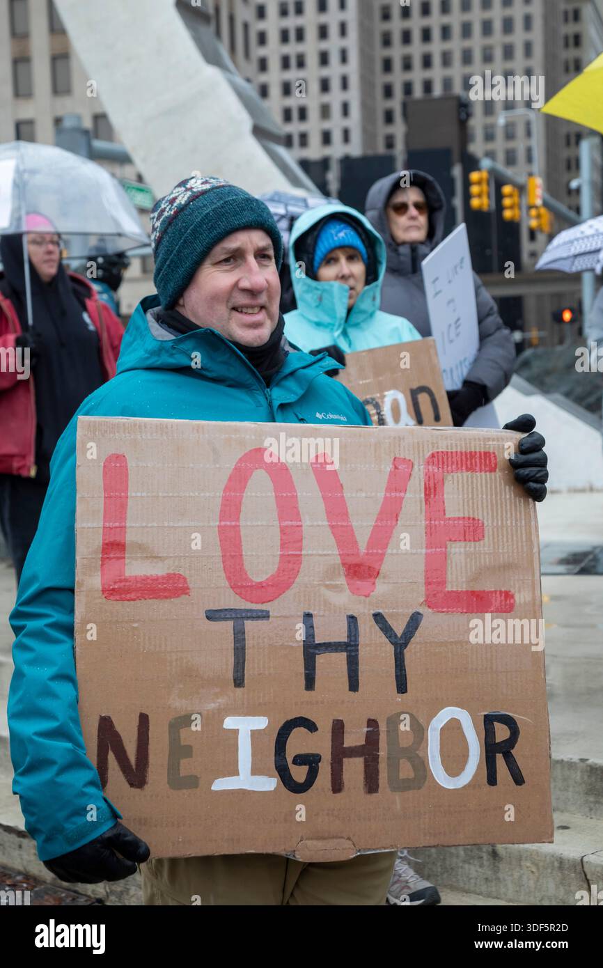Detroit, Michigan, USA. 10th Jan, 2026. Activists rally to protest the killing of Renee Nichole Good in Minneapolis by a federal immigration agent. Credit: Jim West/Alamy Live News Stock Photo
