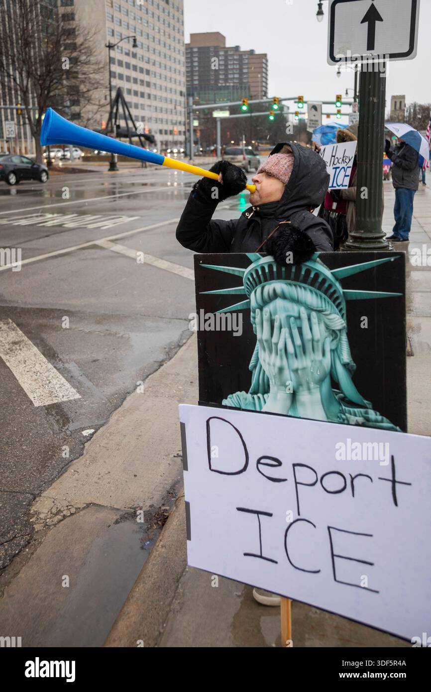 Detroit, Michigan, USA. 10th Jan, 2026. Activists rally to protest the killing of Renee Nichole Good in Minneapolis by a federal immigration agent. Credit: Jim West/Alamy Live News Stock Photo