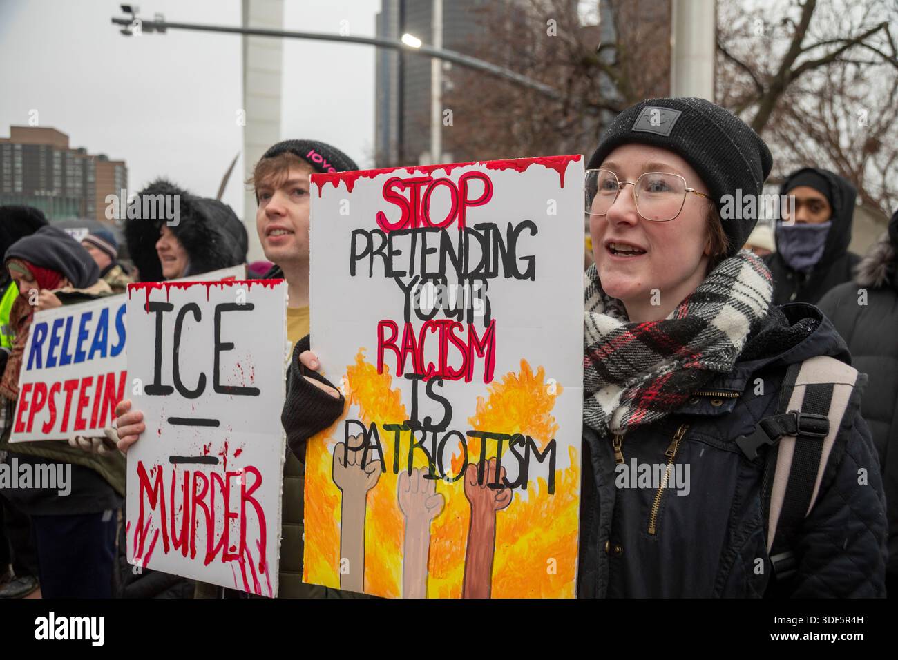 Detroit, Michigan, USA. 10th Jan, 2026. Activists rally to protest the killing of Renee Nichole Good in Minneapolis by a federal immigration agent. Credit: Jim West/Alamy Live News Stock Photo