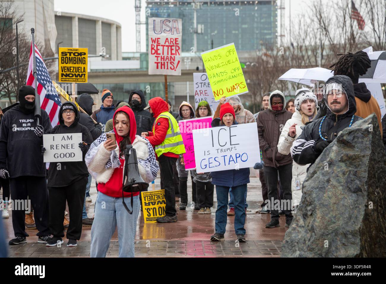 Detroit, Michigan, USA. 10th Jan, 2026. Activists rally to protest the killing of Renee Nichole Good in Minneapolis by a federal immigration agent. Credit: Jim West/Alamy Live News Stock Photo