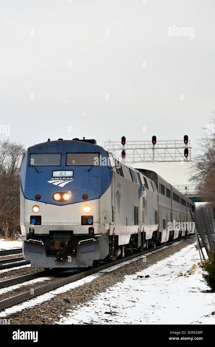 Local Raiway Station Naperville, Illinois, USA. Amtrak's California Zephyr approaching its ...