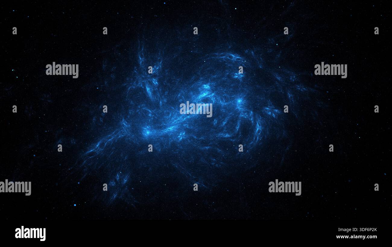 Deep in space, a bright blue cosmic formation spreads across the dark ...