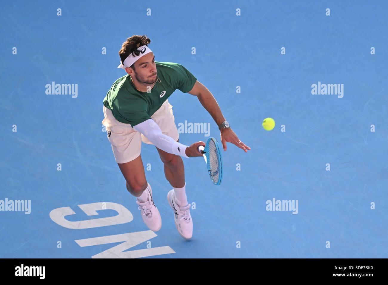Lorenzo Musetti, an Italian tennis player, during a match at the Hong ...
