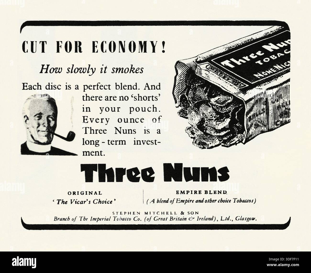 An advert for 'Three Nuns' pipe tobacco – it appeared in a magazine  published in the UK in 1947. The illustration shows a vicar smoking a pipe.  The product was known for