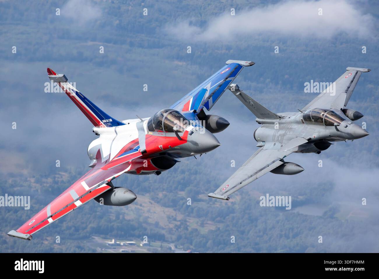 A formation flight shows two French Air and Space Force Dassault Rafale ...