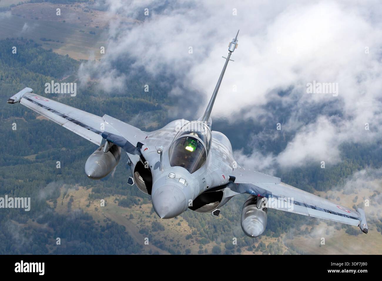 A close-up, head-on air-to-air image of a French Air Force Dassault ...