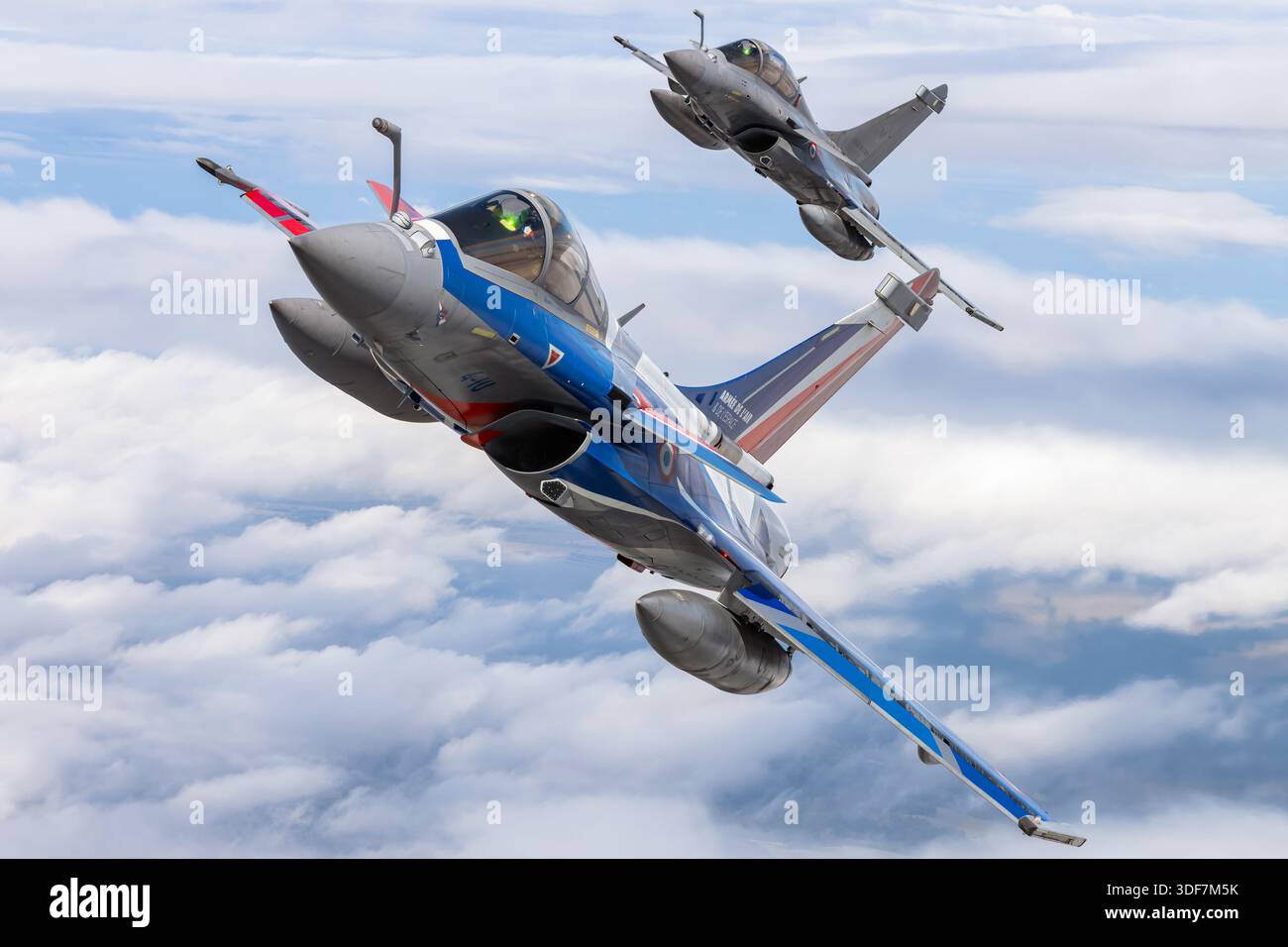 A close formation of French Air Force Dassault Rafale aircraft is