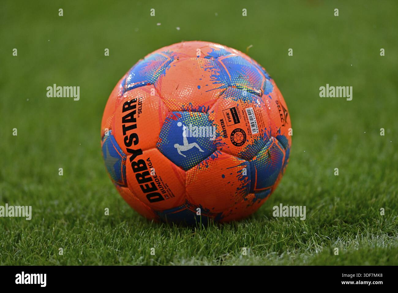 Winter version of the Adidas game ball Derbystar Bundesliga Brilliant APS High Visible in orange for better visibility in snow, winter, Voith-Arena, H Stock Photo