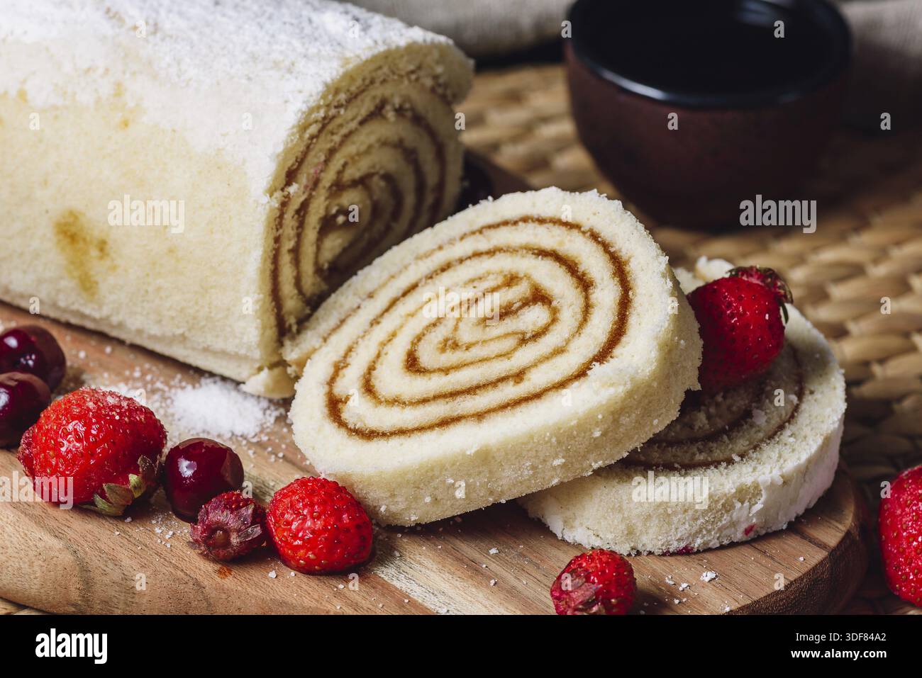 Apricot Paste Filled Rolls for Dessert with Berries Stock Photo