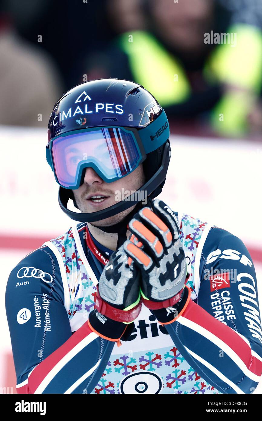 Rassat Ina France's Paco Rassat reacts at the finish line after winning an alpine ...