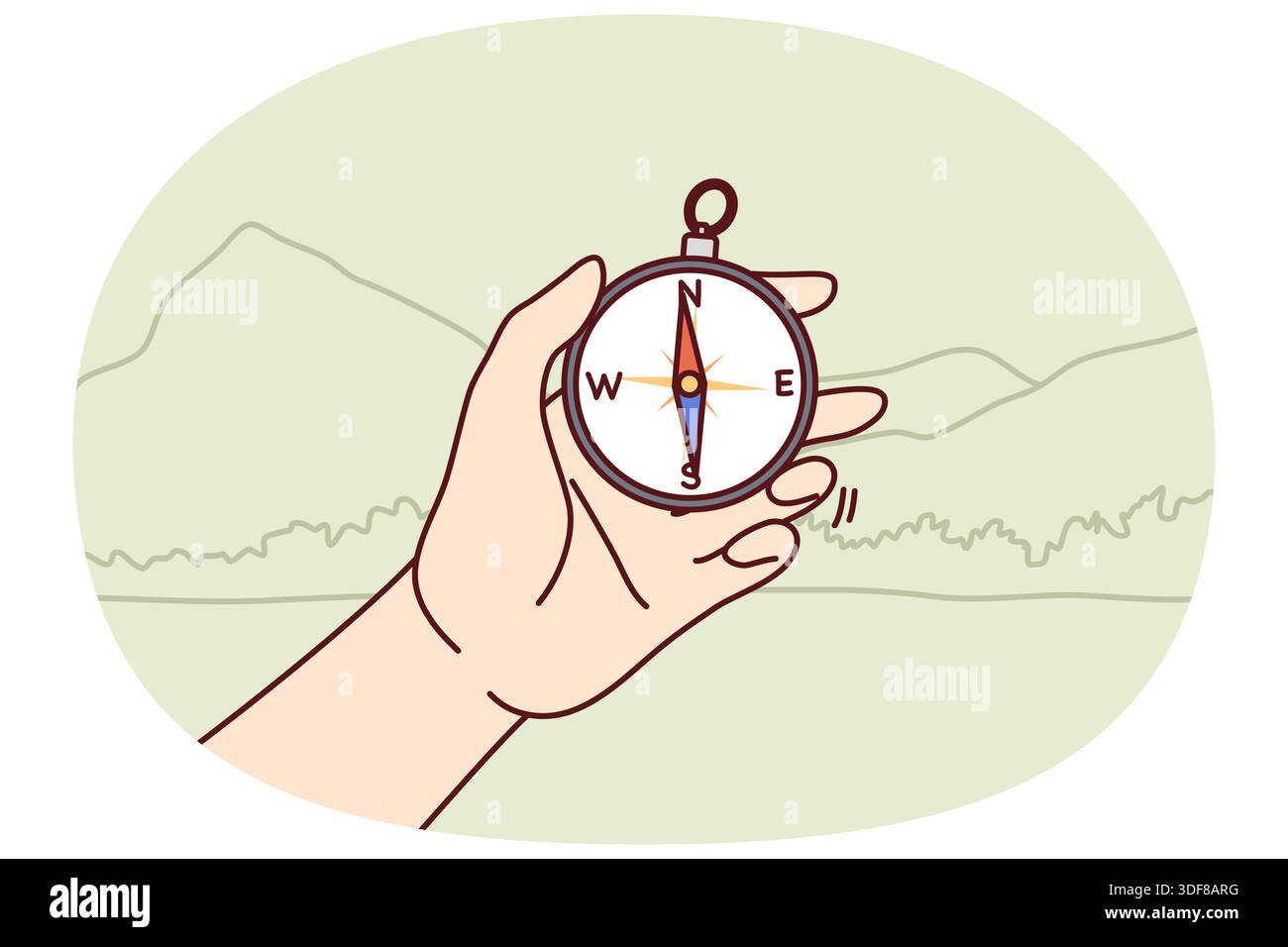 Compos in hand of person went on hike and determines direction of world ...