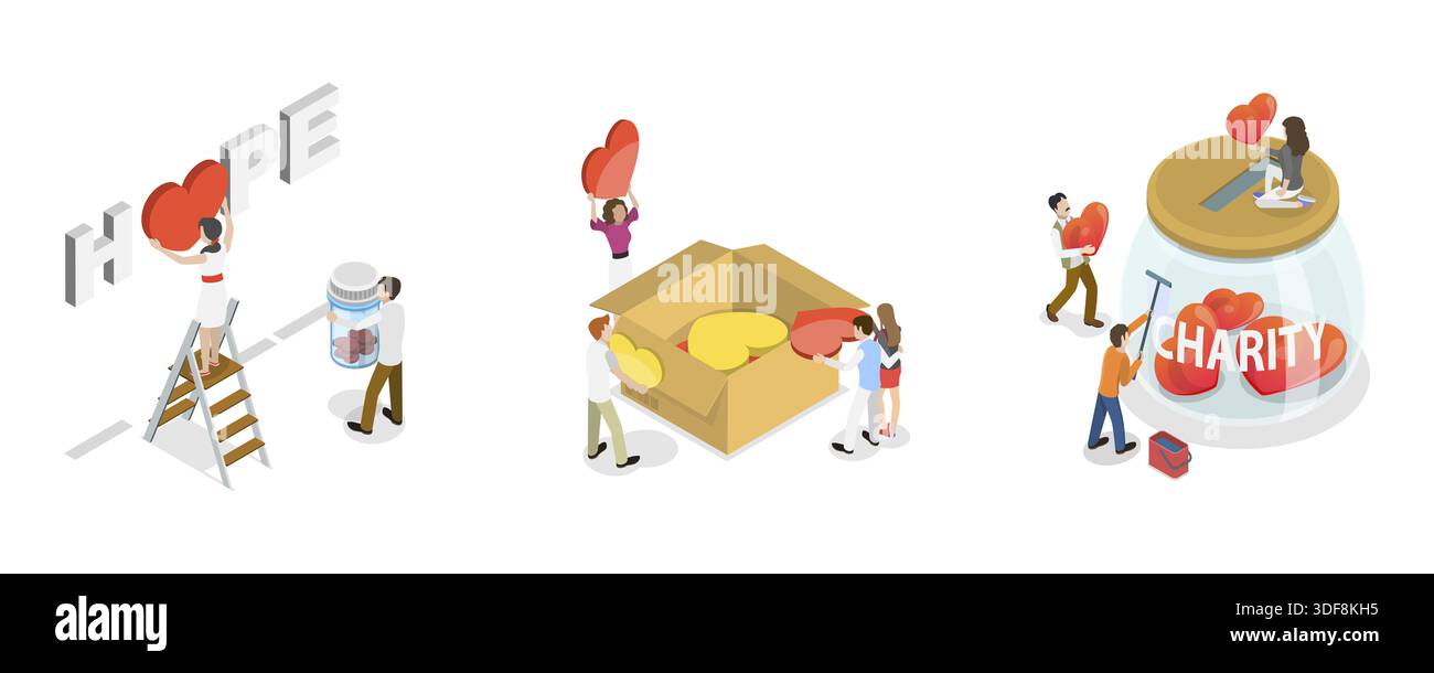 3D Isometric Flat Illustration of Charity Services, Volunteering Help ...