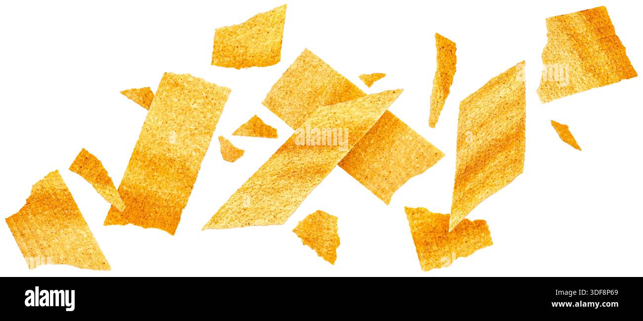 Long chips isolated on white background with clipping path, falling rectangular mashed potato snacks, package design element Stock Photo