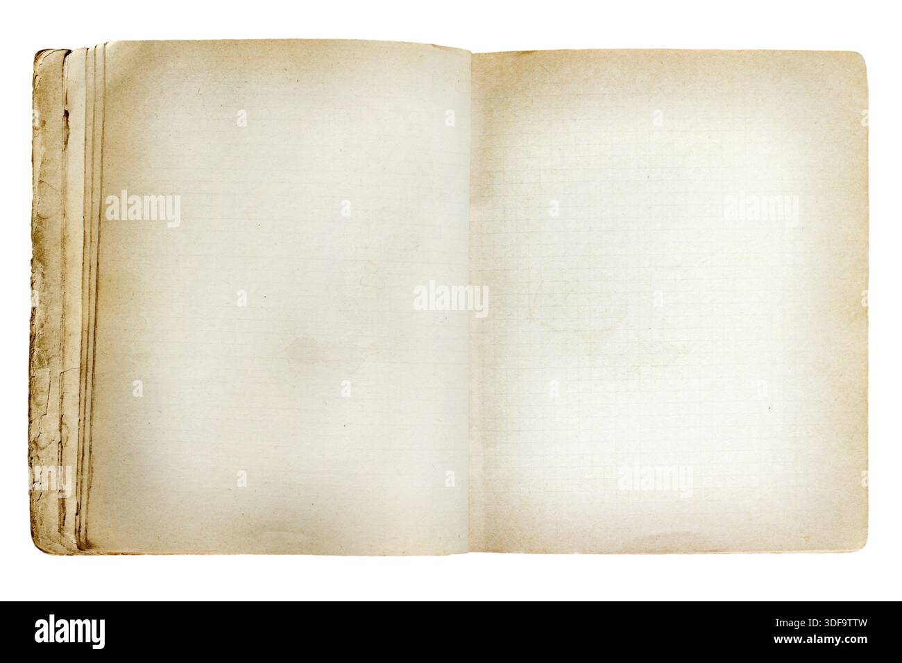 Old revealed notebook isolated on white background Stock Photo