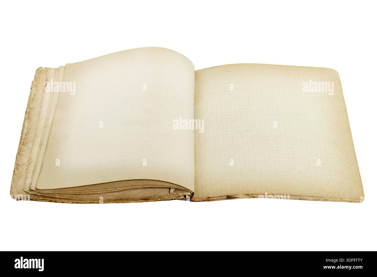 Old revealed notebook isolated on white background Stock Photo
