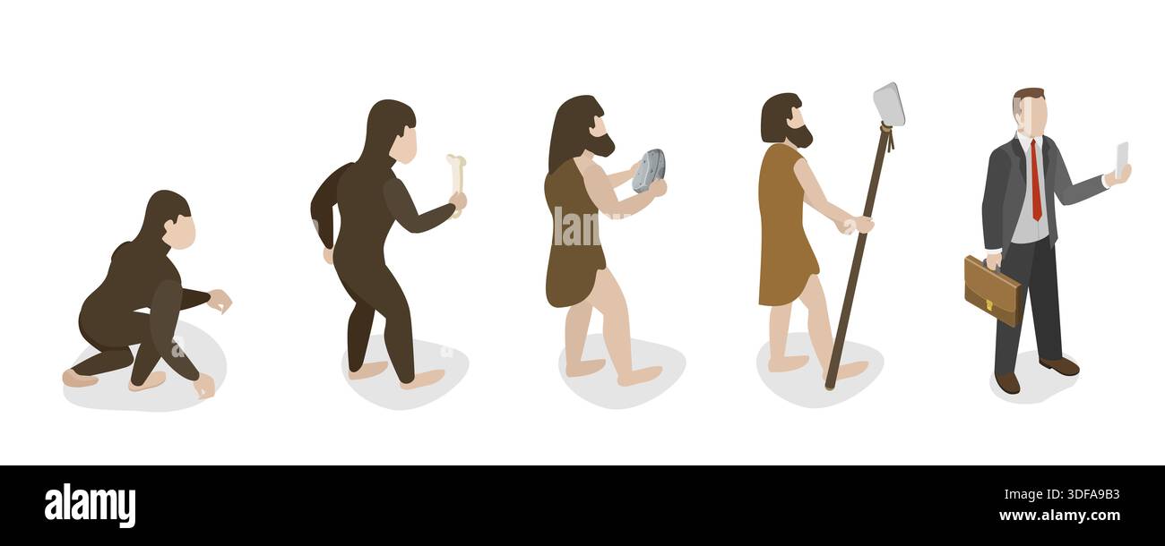 3D Isometric Flat Illustration of Darwin Theory, Human Evolution Stock ...