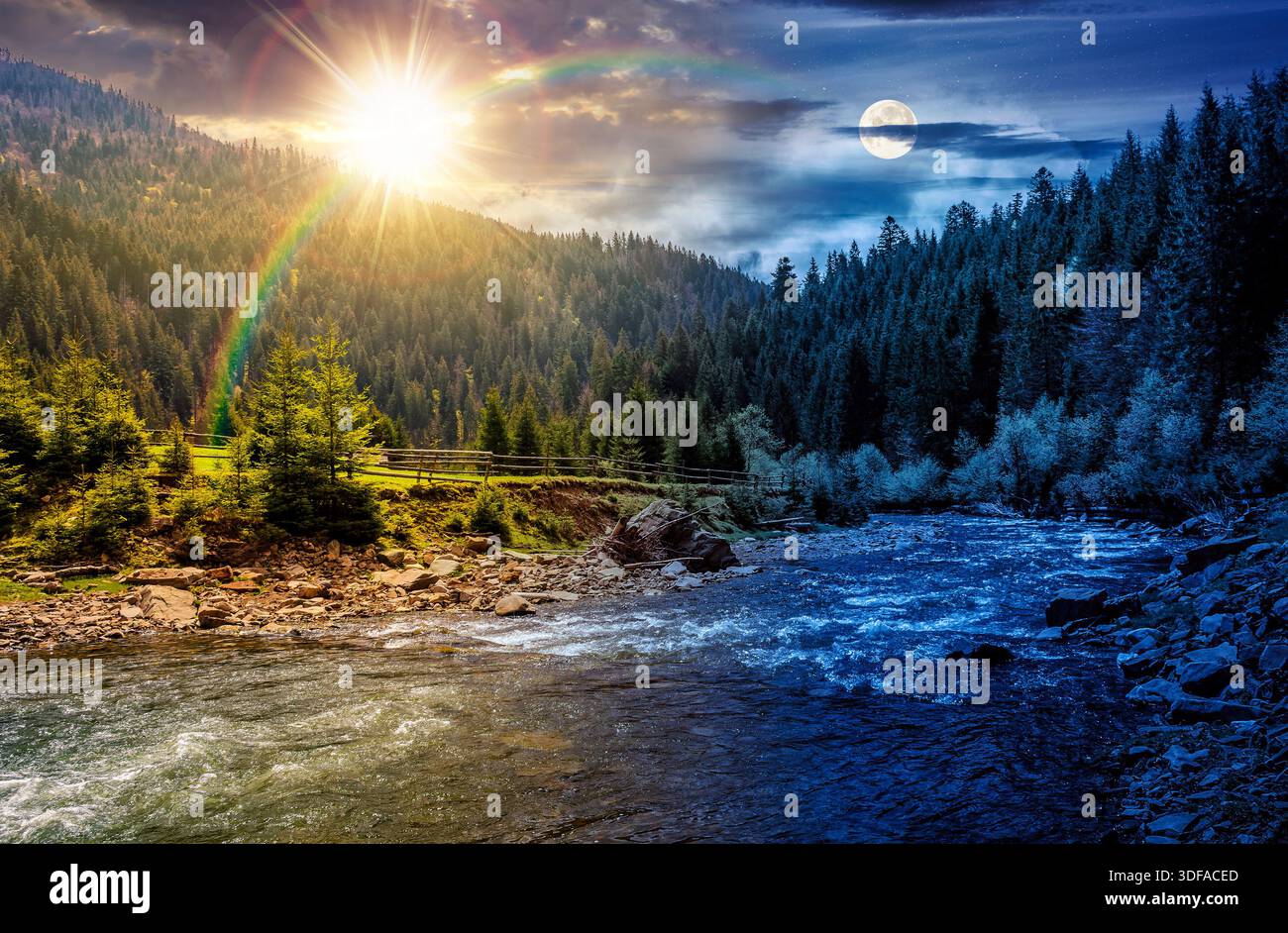 river flows among forest at the foot of mountain. time change concept. picturesque nature of rural area with sun and moon. serene spring scenery. unce Stock Photo