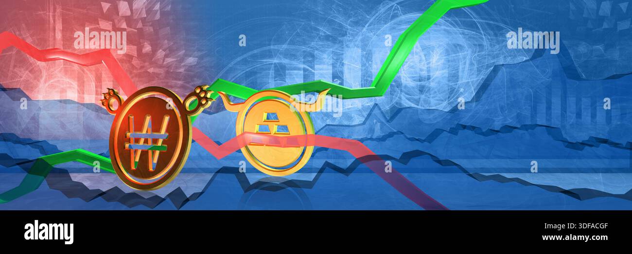 gold stock prices rise in krw. financial crisis in south korea. bullish commodity market concept. 3d illustration of expensive asset. investment chart Stock Photo