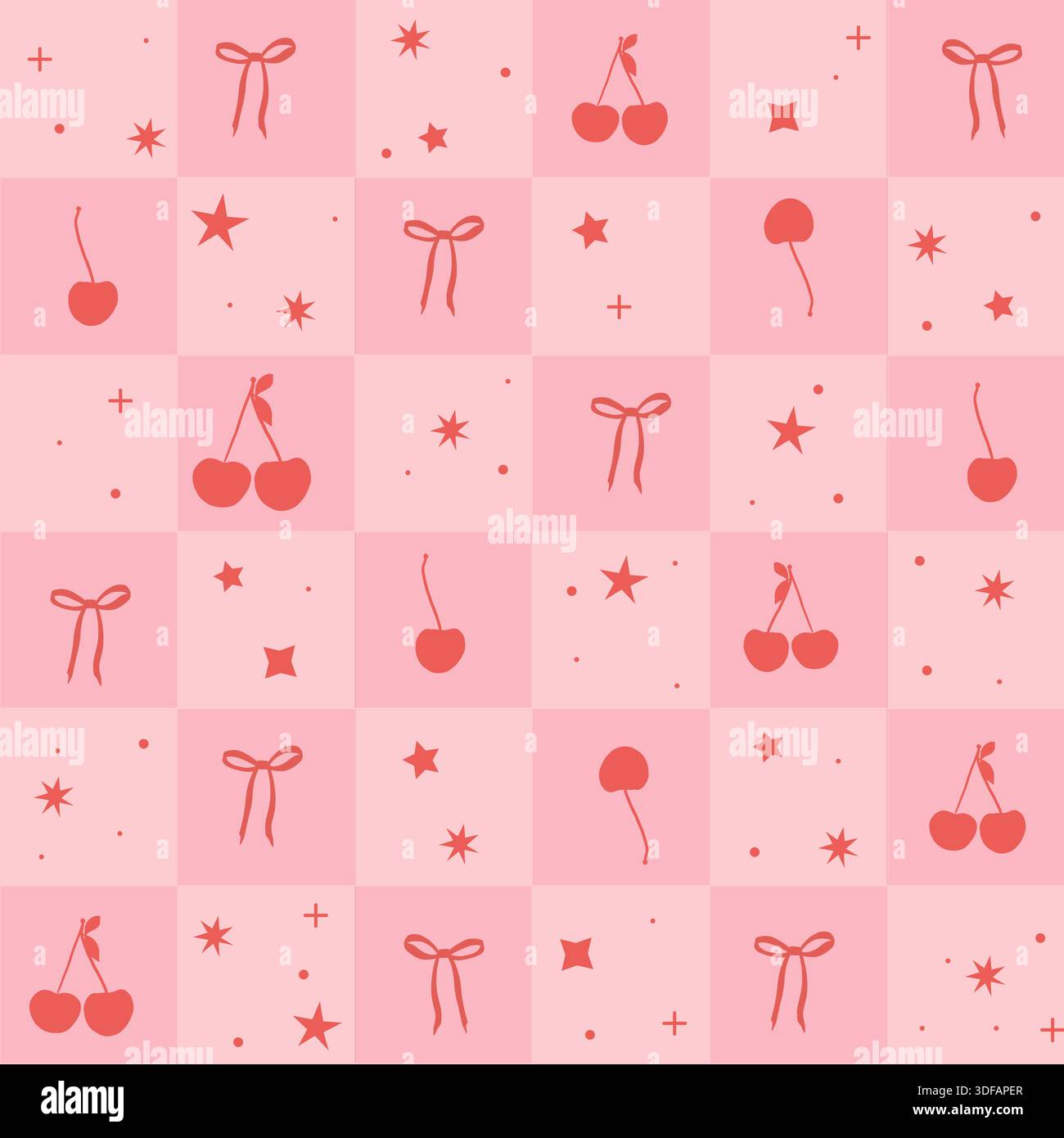 Plaid pink cherry and stars seamless fabric design pattern Stock Vector