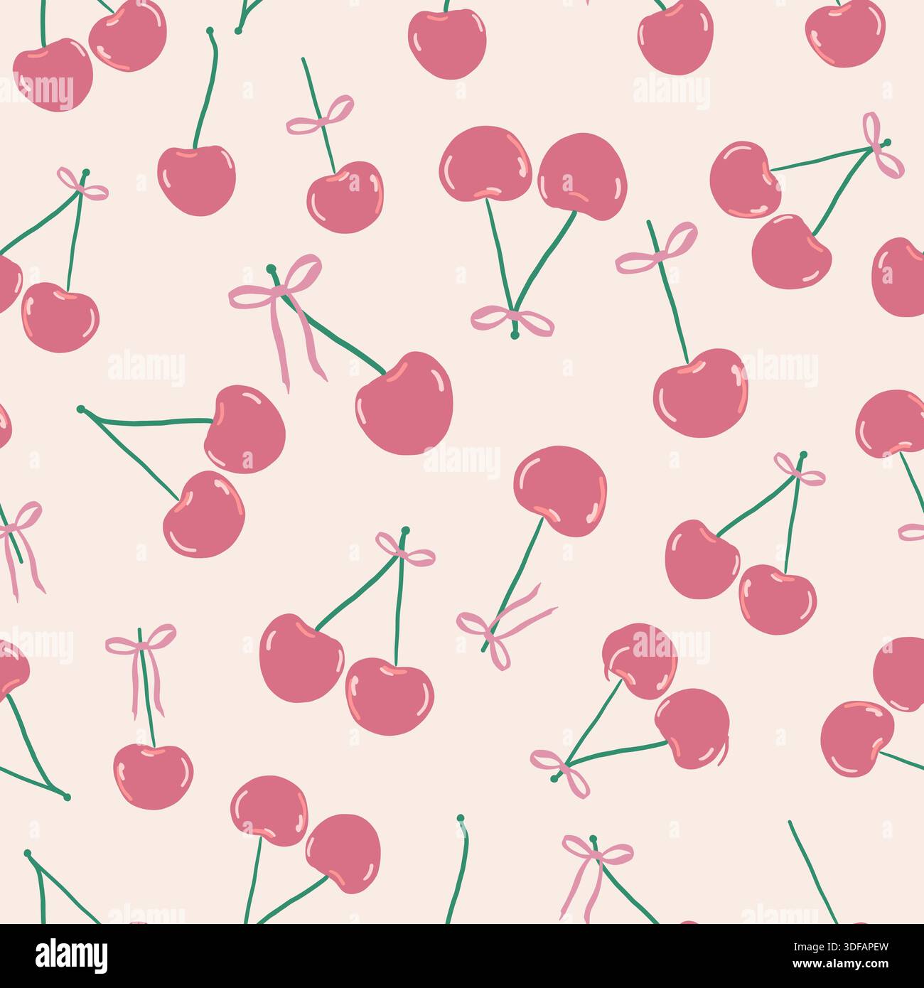 Pink cherries with ribbons seamless fabric design pattern Stock Vector