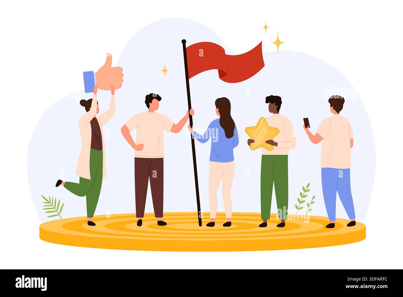 Group of diverse people celebrating success, holding red flag, star ...