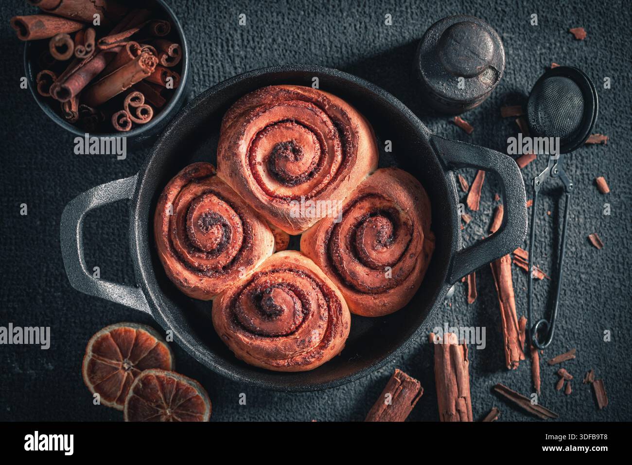 Tasty cinnamon buns as christmas dessert. Popular Swedish dessert. Swedish cuisine. Stock Photo