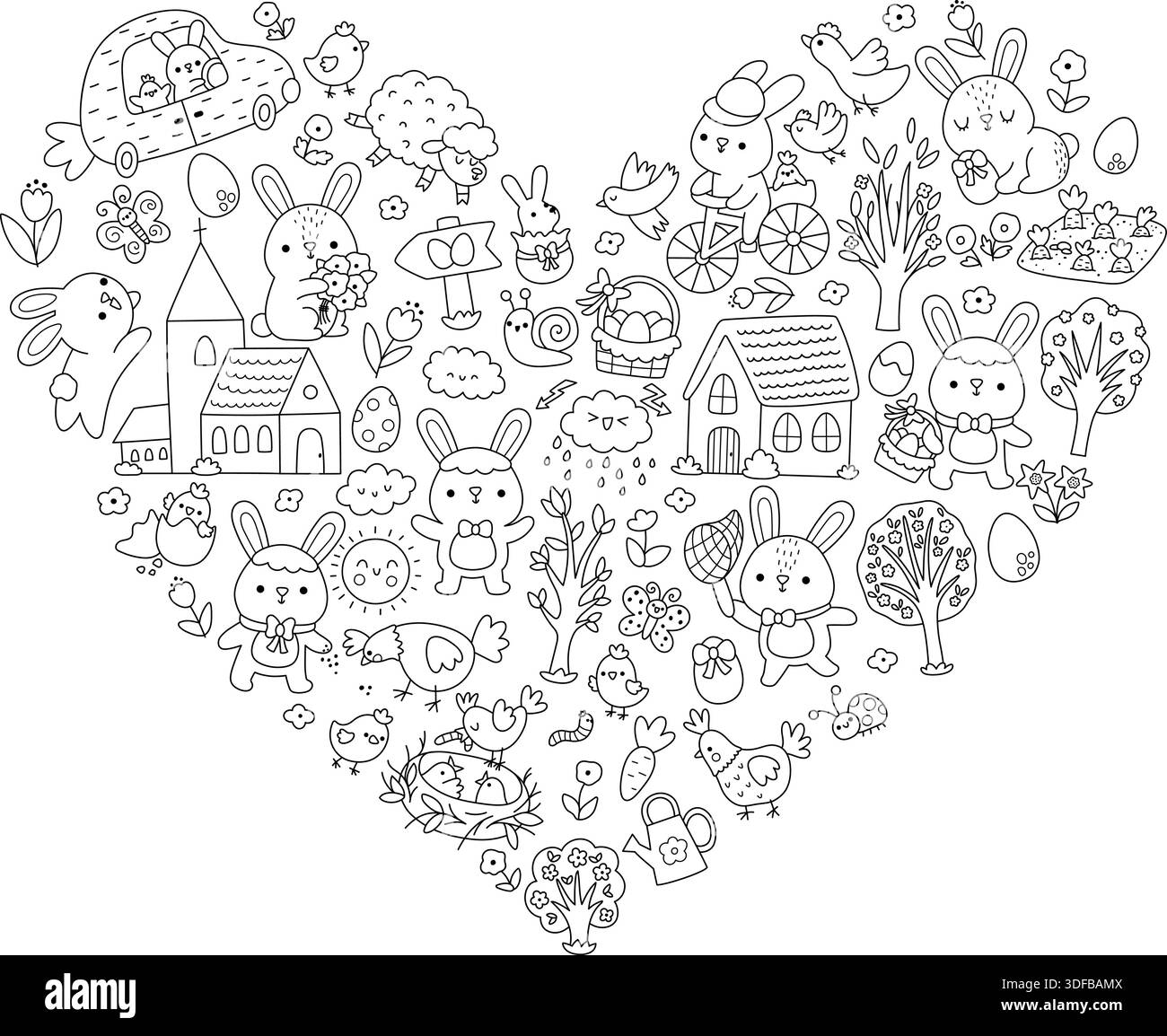 Vector Easter heart shaped frame with traditional symbols, bunny, chick, colored egg. Black and white card template design for banners, invitations. L Stock Vector