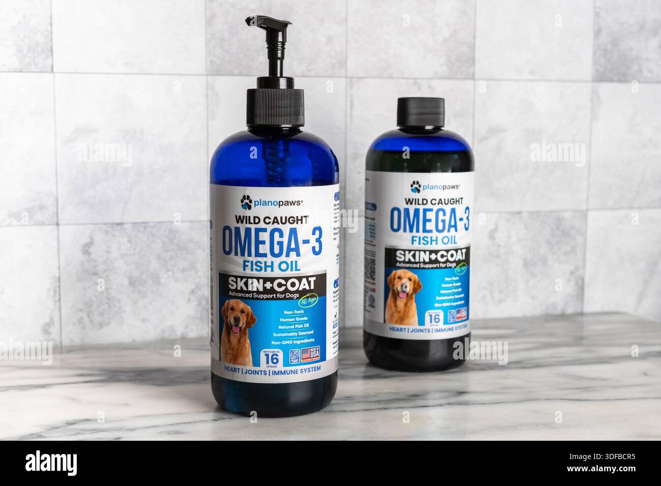 Pet Care Planopaws  wild caught omega 3 fish oil for dogs pump dispenser. Stock Photo