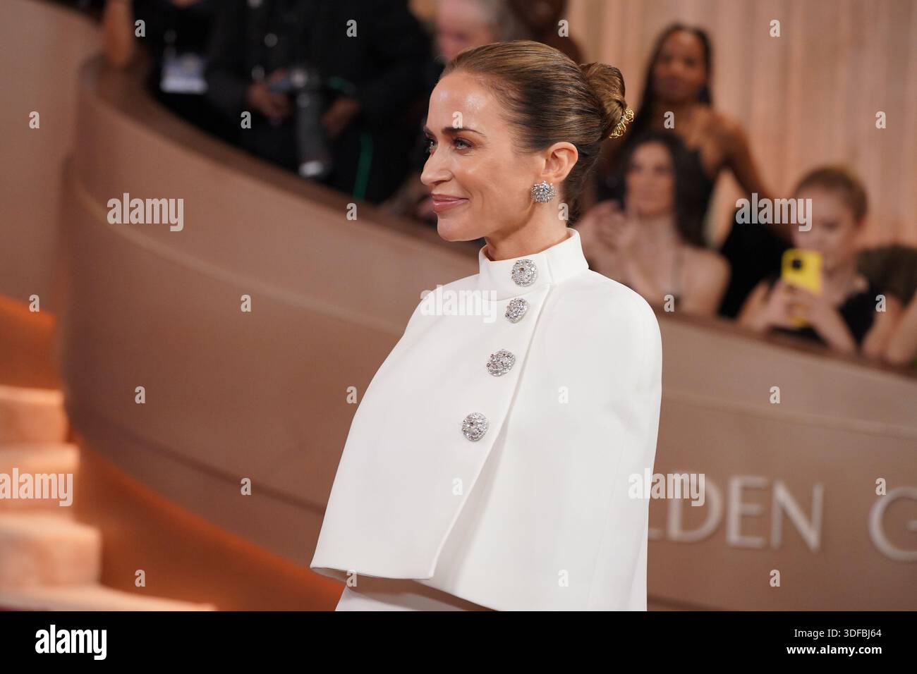 Emily Blunt arrives at the 83rd Golden Globes on Sunday, Jan. 11, 2026 ...