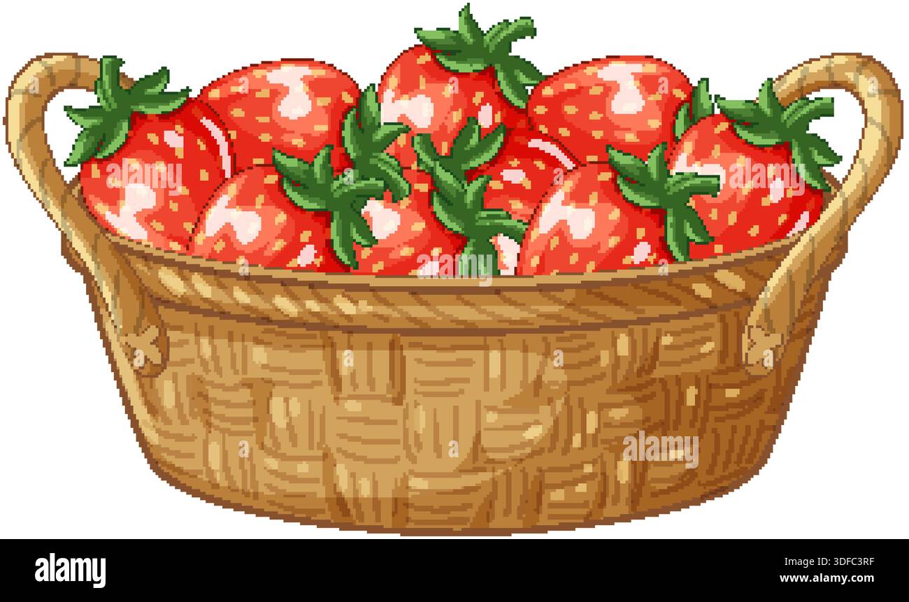 Vector illustration of ripe red strawberries in a woven wicker basket on white background Stock Vector