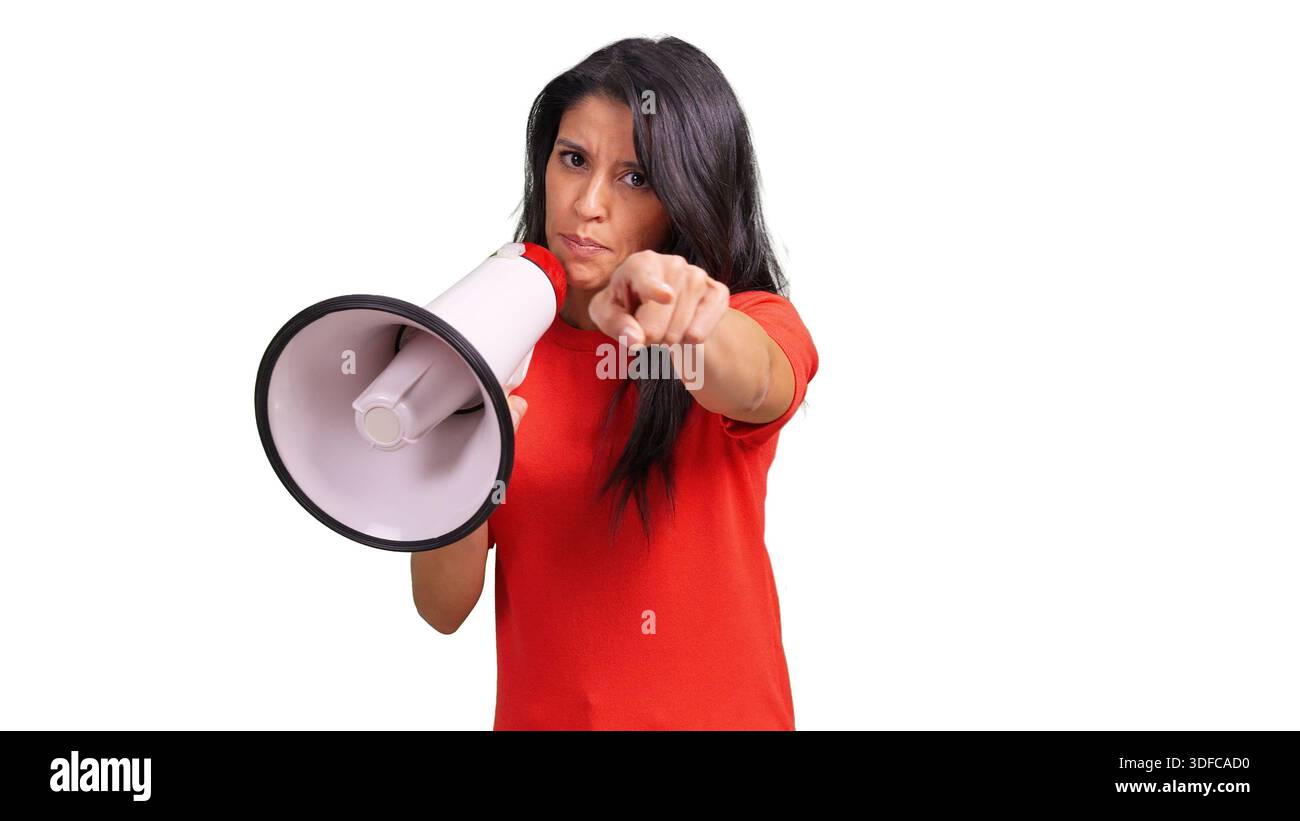 Woman holding megaphone pointing finger transparent background Stock Photo