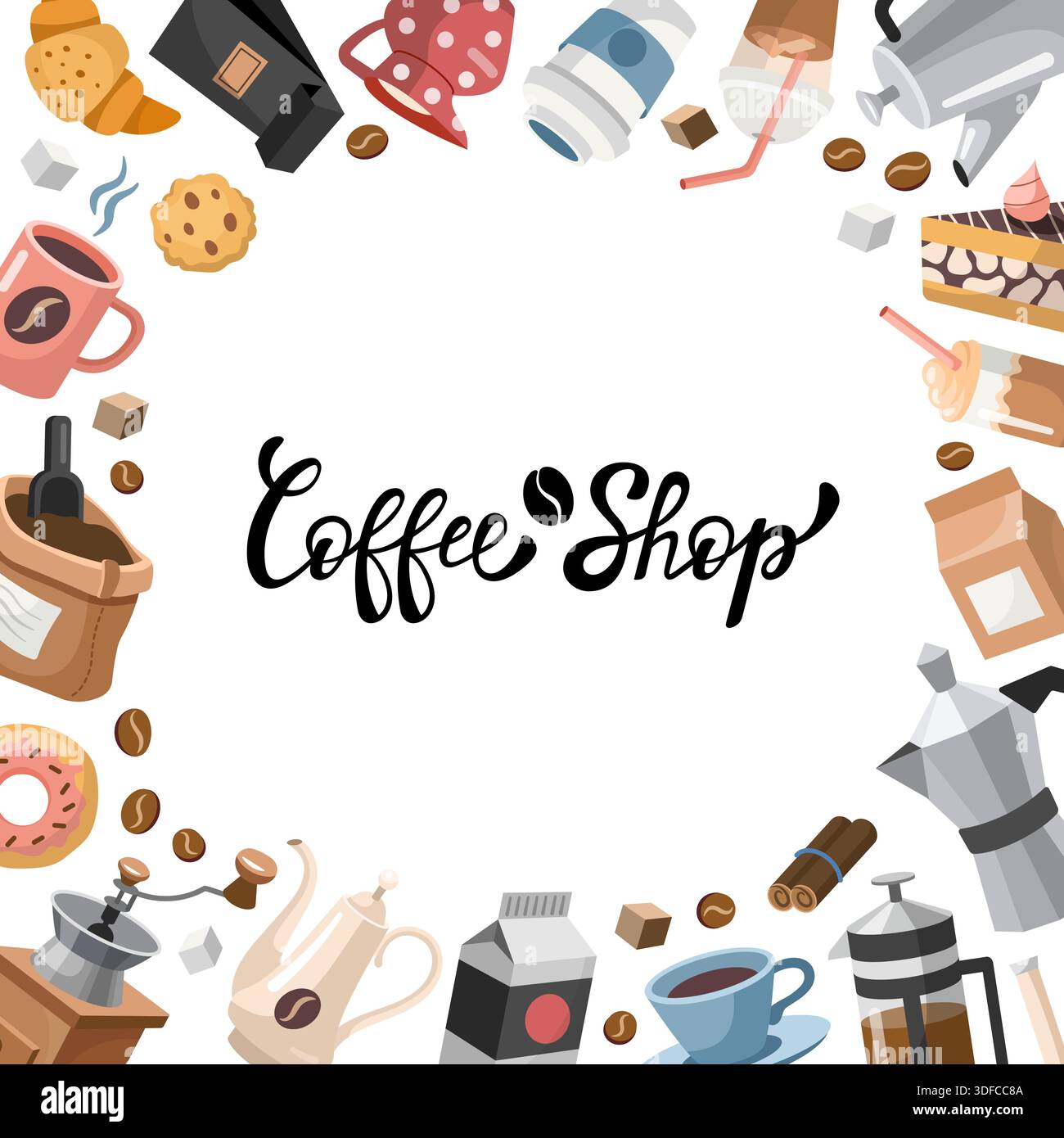 Coffee round frame, copy space, square template. Hand drawn cartoon design with different Coffee Theme objects. Vector Coffee Shop typography, hand written lettering, calligraphy. Stock Vector